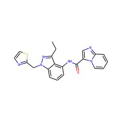CCc1nn(Cc2nccs2)c2cccc(NC(=O)c3cnc4ccccn34)c12 ZINC000117894647
