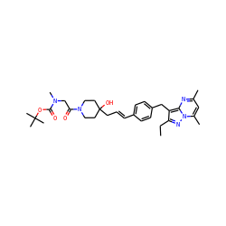 CCc1nn2c(C)cc(C)nc2c1Cc1ccc(/C=C/CC2(O)CCN(C(=O)CN(C)C(=O)OC(C)(C)C)CC2)cc1 ZINC000144187392