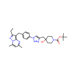 CCc1nn2c(C)cc(C)nc2c1Cc1ccc(-n2cc(CC3(O)CCN(C(=O)OC(C)(C)C)CC3)nn2)cc1 ZINC000144272029