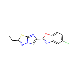 CCc1nn2cc(-c3nc4cc(Cl)ccc4o3)nc2s1 ZINC000653762267