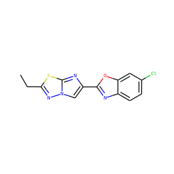 CCc1nn2cc(-c3nc4ccc(Cl)cc4o3)nc2s1 ZINC000653762235