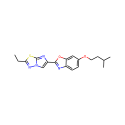 CCc1nn2cc(-c3nc4ccc(OCCC(C)C)cc4o3)nc2s1 ZINC000653684763