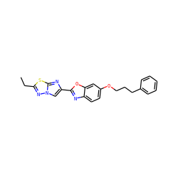 CCc1nn2cc(-c3nc4ccc(OCCCc5ccccc5)cc4o3)nc2s1 ZINC000653684766