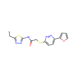 CCc1nnc(NC(=O)CSc2ccc(-c3ccco3)nn2)s1 ZINC000004357886