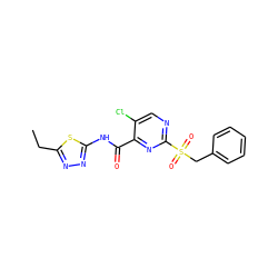 CCc1nnc(NC(=O)c2nc(S(=O)(=O)Cc3ccccc3)ncc2Cl)s1 ZINC000008917169