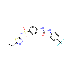 CCc1nnc(NS(=O)(=O)c2ccc(NC(=O)Nc3ccc(C(F)(F)F)cc3)cc2)s1 ZINC000084689414