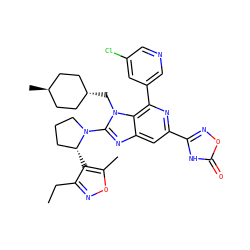 CCc1noc(C)c1[C@@H]1CCCN1c1nc2cc(-c3noc(=O)[nH]3)nc(-c3cncc(Cl)c3)c2n1C[C@H]1CC[C@H](C)CC1 ZINC000261132764