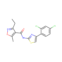 CCc1noc(C)c1C(=O)Nc1nc(-c2ccc(Cl)cc2Cl)cs1 ZINC000001054428