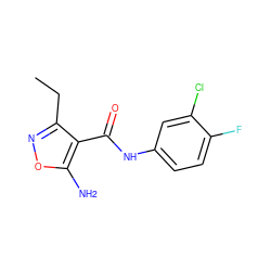 CCc1noc(N)c1C(=O)Nc1ccc(F)c(Cl)c1 ZINC000000112637