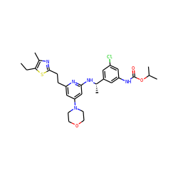 CCc1sc(CCc2cc(N3CCOCC3)cc(N[C@@H](C)c3cc(Cl)cc(NC(=O)OC(C)C)c3)n2)nc1C ZINC000014139887