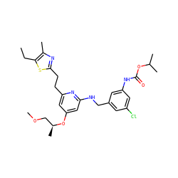 CCc1sc(CCc2cc(O[C@@H](C)COC)cc(NCc3cc(Cl)cc(NC(=O)OC(C)C)c3)n2)nc1C ZINC000029473643