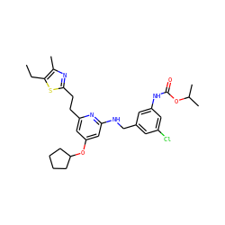 CCc1sc(CCc2cc(OC3CCCC3)cc(NCc3cc(Cl)cc(NC(=O)OC(C)C)c3)n2)nc1C ZINC000029469707