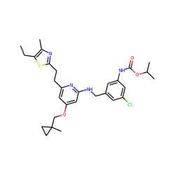 CCc1sc(CCc2cc(OCC3(C)CC3)cc(NCc3cc(Cl)cc(NC(=O)OC(C)C)c3)n2)nc1C ZINC000029476498