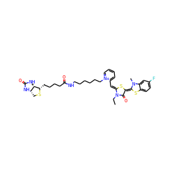 CCn1c(=O)/c(=C2\Sc3ccc(F)cc3N2C)s/c1=C\c1cccc[n+]1CCCCCCNC(=O)CCCC[C@@H]1SC[C@@H]2NC(=O)N[C@H]12 ZINC000150524914