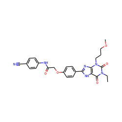 CCn1c(=O)c2[nH]c(-c3ccc(OCC(=O)Nc4ccc(C#N)cc4)cc3)nc2n(CCCOC)c1=O ZINC000043023513