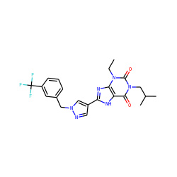 CCn1c(=O)n(CC(C)C)c(=O)c2[nH]c(-c3cnn(Cc4cccc(C(F)(F)F)c4)c3)nc21 ZINC000029055476
