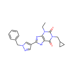 CCn1c(=O)n(CC2CC2)c(=O)c2[nH]c(-c3cnn(Cc4ccccc4)c3)nc21 ZINC000029055559