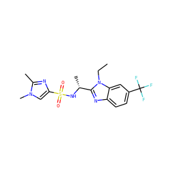 CCn1c([C@@H](C)NS(=O)(=O)c2cn(C)c(C)n2)nc2ccc(C(F)(F)F)cc21 ZINC000144536532
