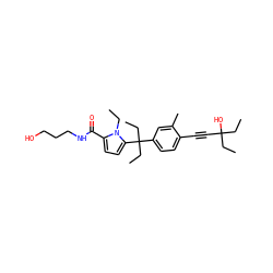 CCn1c(C(=O)NCCCO)ccc1C(CC)(CC)c1ccc(C#CC(O)(CC)CC)c(C)c1 ZINC001772652461