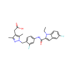 CCn1c(C(=O)Nc2ccc(Cn3nc(C)c(CC(=O)O)c3C)c(F)c2)cc2cc(F)ccc21 ZINC000144764797
