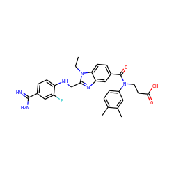CCn1c(CNc2ccc(C(=N)N)cc2F)nc2cc(C(=O)N(CCC(=O)O)c3ccc(C)c(C)c3)ccc21 ZINC000653842864