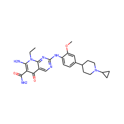 CCn1c(N)c(C(N)=O)c(=O)c2cnc(Nc3ccc(C4CCN(C5CC5)CC4)cc3OC)nc21 ZINC000072315788