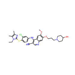 CCn1c(Sc2ccc(Nc3c(C#N)cnc4cc(OCCCN5CCC(O)CC5)c(OC)cc34)cc2Cl)nc(C)c1C ZINC000042804851