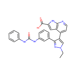 CCn1cc(-c2ccnc3[nH]c(C(=O)O)cc23)c(-c2cccc(NC(=O)Nc3ccccc3)c2)n1 ZINC000073296619