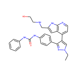 CCn1cc(-c2ccnc3[nH]c(CNCCO)cc23)c(-c2ccc(NC(=O)Nc3ccccc3)cc2)n1 ZINC000049112078