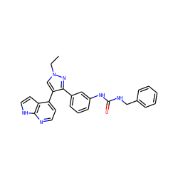 CCn1cc(-c2ccnc3[nH]ccc23)c(-c2cccc(NC(=O)NCc3ccccc3)c2)n1 ZINC000040955373