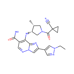 CCn1cc(-c2cn3ncc(C(N)=O)c(N[C@H]4CN(C(=O)C5(C#N)CC5)C[C@H]4C)c3n2)cn1 ZINC001772619372