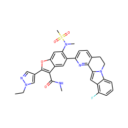 CCn1cc(-c2oc3cc(N(C)S(C)(=O)=O)c(-c4ccc5c(n4)-c4cc6c(F)cccc6n4CC5)cc3c2C(=O)NC)cn1 ZINC000212218717