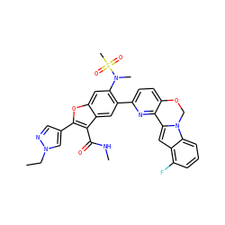 CCn1cc(-c2oc3cc(N(C)S(C)(=O)=O)c(-c4ccc5c(n4)-c4cc6c(F)cccc6n4CO5)cc3c2C(=O)NC)cn1 ZINC000212204922