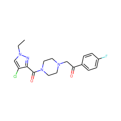 CCn1cc(Cl)c(C(=O)N2CCN(CC(=O)c3ccc(F)cc3)CC2)n1 ZINC000058568804