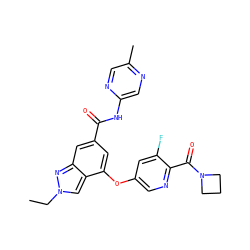 CCn1cc2c(Oc3cnc(C(=O)N4CCC4)c(F)c3)cc(C(=O)Nc3cnc(C)cn3)cc2n1 ZINC000068246546