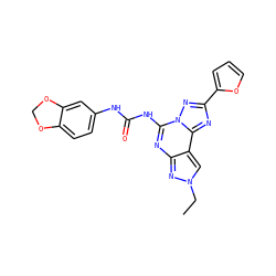 CCn1cc2c(nc(NC(=O)Nc3ccc4c(c3)OCO4)n3nc(-c4ccco4)nc23)n1 ZINC000013472336