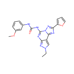 CCn1cc2c(nc(NC(=O)Nc3cccc(OC)c3)n3nc(-c4ccco4)nc23)n1 ZINC000013472343