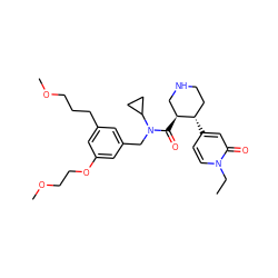 CCn1ccc([C@H]2CCNC[C@@H]2C(=O)N(Cc2cc(CCCOC)cc(OCCOC)c2)C2CC2)cc1=O ZINC000072175035