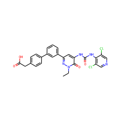 CCn1nc(-c2cccc(-c3ccc(CC(=O)O)cc3)c2)cc(NC(=O)Nc2c(Cl)cncc2Cl)c1=O ZINC000142626332