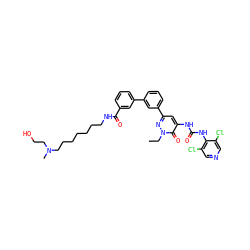 CCn1nc(-c2cccc(-c3cccc(C(=O)NCCCCCCCN(C)CCO)c3)c2)cc(NC(=O)Nc2c(Cl)cncc2Cl)c1=O ZINC000068243766