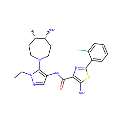 CCn1ncc(NC(=O)c2nc(-c3ccccc3F)sc2N)c1N1CC[C@H](F)[C@H](N)CC1 ZINC000169699423