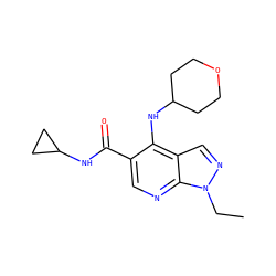 CCn1ncc2c(NC3CCOCC3)c(C(=O)NC3CC3)cnc21 ZINC000042922549