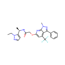 CCn1nccc1[C@@H](C)NC(=O)COc1cc(C(F)(F)F)c2c(-c3ccccc3)nn(C)c2n1 ZINC000117515089