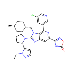 CCn1nccc1[C@@H]1CCCN1c1nc2cc(-c3noc(=O)[nH]3)nc(-c3cncc(Cl)c3)c2n1C[C@H]1CC[C@H](C)CC1 ZINC000261177989