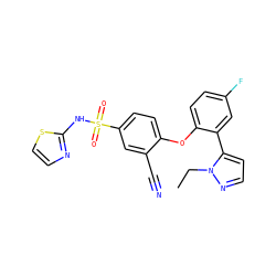 CCn1nccc1-c1cc(F)ccc1Oc1ccc(S(=O)(=O)Nc2nccs2)cc1C#N ZINC000095581399