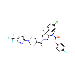 CN(C(=O)Oc1ccc(F)cc1)[C@@H]1CN(C(=O)C2CCN(c3ccc(C(F)(F)F)cn3)CC2)C[C@@]1(C)c1ccc(Cl)cc1 ZINC000169698950