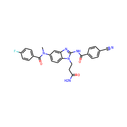 CN(C(=O)c1ccc(F)cc1)c1ccc2c(c1)nc(NC(=O)c1ccc(C#N)cc1)n2CCC(N)=O ZINC000040938657