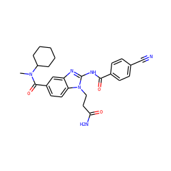 CN(C(=O)c1ccc2c(c1)nc(NC(=O)c1ccc(C#N)cc1)n2CCC(N)=O)C1CCCCC1 ZINC000028822748