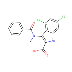 CN(C(=O)c1ccccc1)c1c(C(=O)O)[nH]c2cc(Cl)cc(Cl)c12 ZINC000000599444