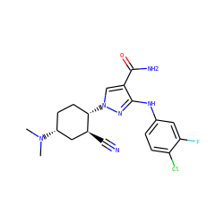 CN(C)[C@@H]1CC[C@H](n2cc(C(N)=O)c(Nc3ccc(Cl)c(F)c3)n2)[C@@H](C#N)C1 ZINC000221855615